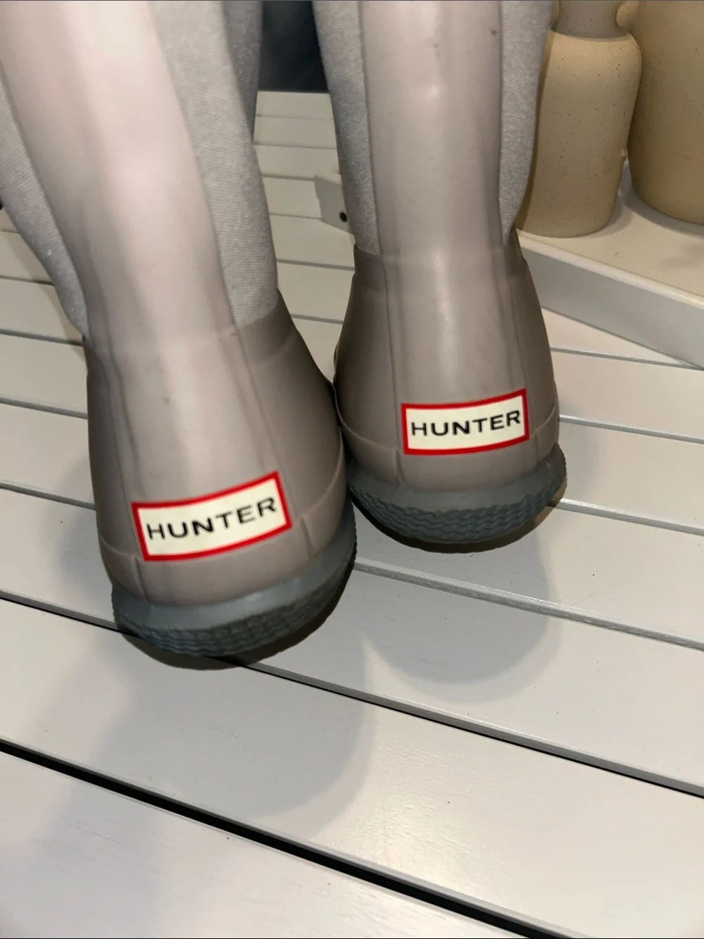 Hunter Taupe Short Rain Boots with Cream Fleece Lining